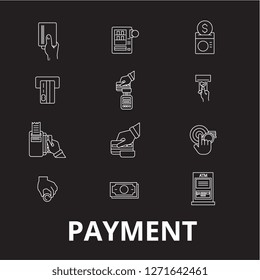 Payment editable line icons vector set on black background. Payment white outline illustrations, signs, symbols