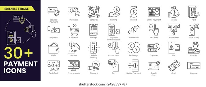 Payment Editable Stroke icon set. Business and finance payment collection with money, banking, credit card, exchange, cash and transaction symbol. Editable Outline line icons.