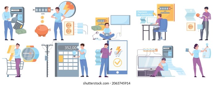 Pago de electricidad conjunto plano de personas caracteres factura de facturas y contadores de electricidad ilustración vectorial aislada