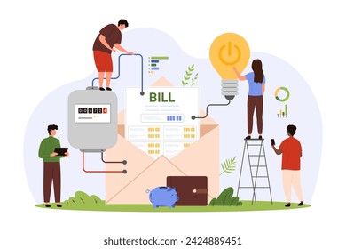 Payment for electricity using utility bill from paper letter. Tiny people check electric energy consumption for light bulbs with meter, unpaid invoice document in envelope cartoon vector illustration