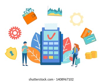 Payment electronic terminal GPRS, vector illustration concept payment methods, characters, paying for purchases and attributes of the payment process