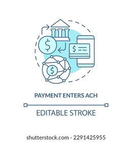 Payment enters ACH turquoise concept icon. Automated clearing house. How ACH work abstract idea thin line illustration. Isolated outline drawing. Editable stroke. Arial, Myriad Pro-Bold fonts used