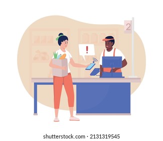 Payment error 2D vector isolated illustration. Failed money transaction. Supermarket flat characters on cartoon background. Grocery shopping colourful scene for mobile, website, presentation