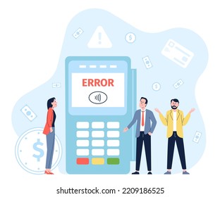 Payment error card reject. Electronic pay failure, mobile banking transaction problem. Credit debit cards not work, person and money recent vector scene