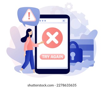 Error de pago. Falló el pago sin efectivo de NFC. Transacción en línea cancelada. Inténtelo de nuevo. Aplicación Smartphone con marca de verificación cruzada. Estilo moderno de dibujos animados planos. Ilustración del vector sobre fondo blanco
