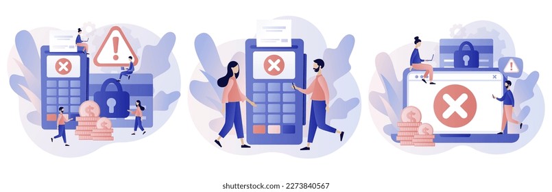 Payment error. Cashless NFC payment transaction canceled. Payment terminal with cross checkmark. Payment failed, try again. Modern flat cartoon style. Vector illustration on white background