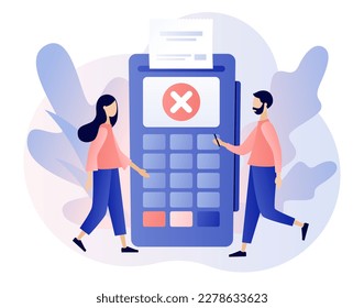 Error de pago. Operación de pago sin efectivo de NFC cancelada. El pago ha fallado, inténtelo de nuevo. Terminal de pago con marca de verificación cruzada. Estilo moderno de dibujos animados planos. Ilustración del vector sobre fondo blanco