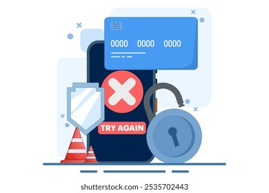 Payment Error Concept. Cashless NFC payment failed. Online transaction canceled. Try again. Smartphone application with crossed check marks. Flat vector illustration on background.