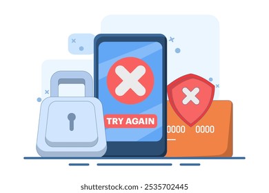 Payment Error Concept. Cashless NFC payment failed. Online transaction canceled. Try again. Smartphone application with crossed check marks. Flat vector illustration on background.