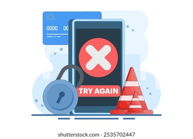 Payment Error Concept. Cashless NFC payment failed. Online transaction canceled. Try again. Smartphone application with crossed check marks. Flat vector illustration on background.