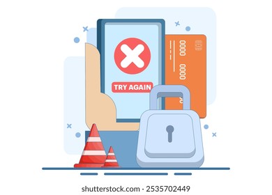 Payment Error Concept. Cashless NFC payment failed. Online transaction canceled. Try again. Smartphone application with crossed check marks. Flat vector illustration on background.