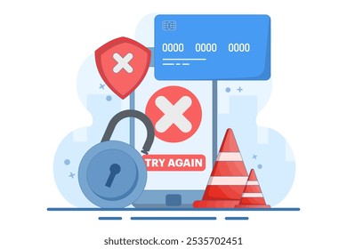 Payment Error Concept. Cashless NFC payment failed. Online transaction canceled. Try again. Smartphone application with crossed check marks. Flat vector illustration on background.