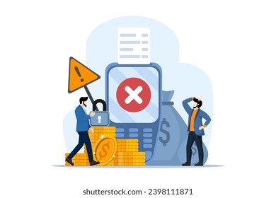 Concepto de error de pago. Se canceló la transacción de pago sin efectivo de NFC. Terminal de pago con marca de verificación cruzada. El pago ha fallado, inténtelo de nuevo. Ilustración del vector sobre fondo blanco