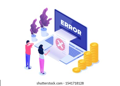 Payment error info message isometric concept.  Customer cross marks failure. Vector illustration.