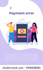 Payment error info message on smartphone.  Customer cross marks failure. Vector illustration.