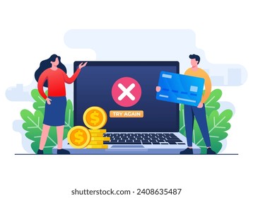 Payment error info message on laptop screen flat illustration vector template, Cashless NFC payment failed, Online transaction canceled, Online payment payment gateway app