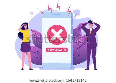 Payment error info message on smartphone.  Customer cross marks failure. Vector illustration.