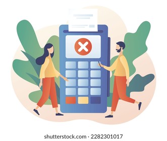 Payment error. Payment terminal with cross checkmark. Cashless NFC payment transaction canceled. Payment failed, try again. Modern flat cartoon style. Vector illustration on white background