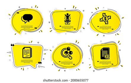 Payment exchange, Chemistry lab and Winner podium icons simple set. Yellow speech bubbles with dotwork effect. Document signature, Talk bubble and Financial documents signs. Vector