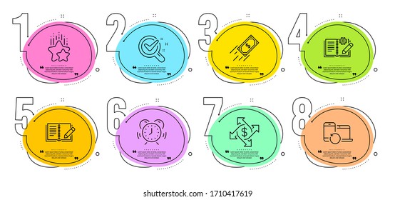 Payment exchange, Engineering documentation and Chemistry lab signs. Timeline steps infographic. Feedback, Fast payment and Time management line icons set. Vector