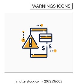 Icono de color de pago fallido. Puntero de exclamación.Signo de problema de pago. Mensaje de error. Concepto de advertencias.Ilustración vectorial aislada