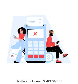 Payment Failed Notification With Female And Male Bank Customers Near Large Payment Terminal. Flat Vector Illustration Of Declined Transactions, Financial Issues, And Payment Error. Isolated