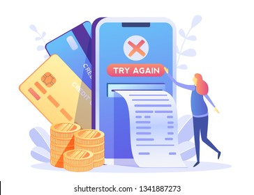 Payment filed, error, try again.Online Card Payment Concept ,Easy Payments with People Characters. Easy Edit and Customize, Money transfer, Mobile Wallet concept for banner, mobile app, landing page, 