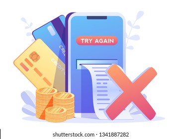 Payment filed, error, try again.Online Card Payment Concept ,Easy Payments Easy Edit and Customize, Money transfer, Mobile Wallet concept for banner, mobile app, landing page, 