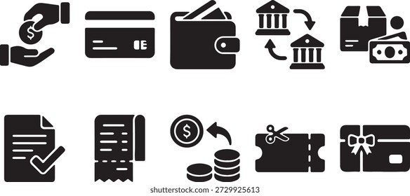 Icono de Vector plano de pago y finanzas en color negro sólido
Incluye el pago de la Transferencia bancaria de la cartera de la tarjeta de crédito contra reembolso del Comprobante de la Factura de entrega Cupón e iconos de Tarjeta de regalo