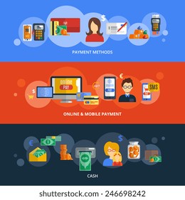 Payment flat banner set with cash online and mobile methods elements isolated vector illustration