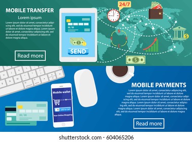 Payment flat banner set with cash online and mobile methods elements isolated vector illustration. Set of flat design vector illustration concepts shopping online and payment online.