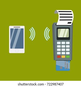 Payment flat design style vector illustration, pos terminal confirms the payment using a smartphone