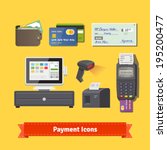Payment flat icon set. All for business payments: POS terminal with barcode scanner and receipt printer, wallet, credit cards and check. EPS 10 vector.