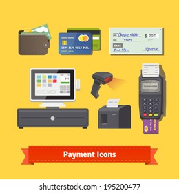 Payment flat icon set. All for business payments: POS terminal with barcode scanner and receipt printer, wallet, credit cards and check. EPS 10 vector.