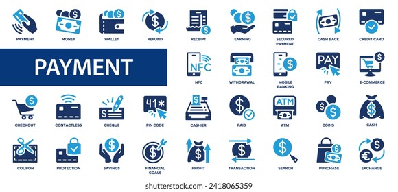 Payment flat icons set. Finance, money, business, credit card, banking, ATM, wallet icons and more signs. Flat icon collection.