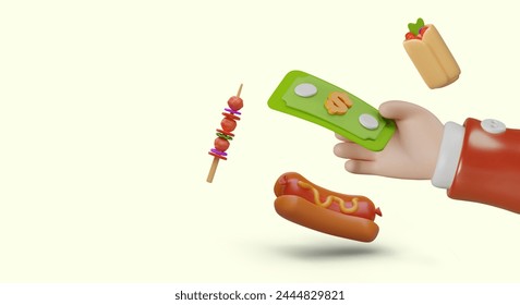 Payment for food. Realistic hand holds green banknote, hot dogs, kebabs, shawarma are floating