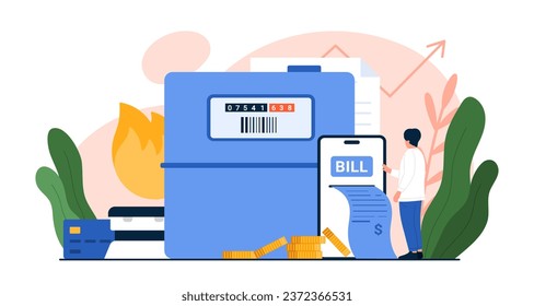 Payment of gas bill online vector illustration. Cartoon tiny customer paying invoice through mobile app in phone and bank account, monthly check of gas meter readings to pay gas consumption costs