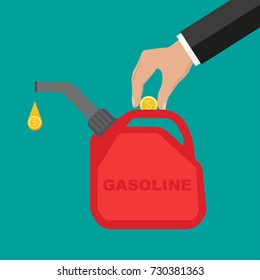 Payment for the gas, fuel, gasoline, diesel concept. Hand dropping money, coin in the can of fuel