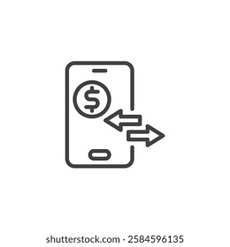 Payment Gateway line icon. linear style sign for mobile concept and web design. A smartphone with a dollar sign and arrows outline vector icon. Mobile bank transaction symbol, logo illustration
