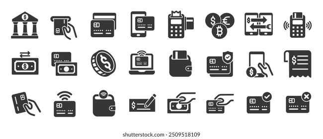 Zahlungssymbol Solid Icons Sammlung. Enthalten Geld, Finanzen, Bank, bargeldlos. Minimale Symbol- und Symbolreihen, Vektorgrafik