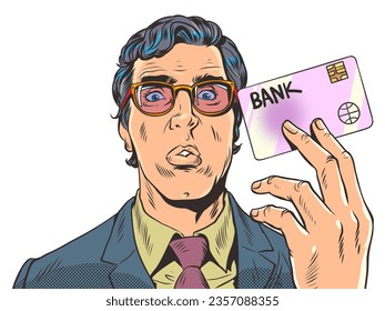 Payment for goods or services through the terminal. Bank offer. A man in a suit and glasses holds a bank card with his hand. Pop Art Retro Vector Illustration Kitsch Vintage 50s 60s Style. On a white