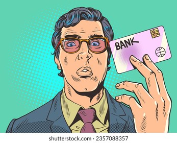 Payment for goods or services through the terminal. Bank offer. A man in a suit and glasses holds a bank card with his hand. Pop Art Retro Vector Illustration Kitsch Vintage 50s 60s Style