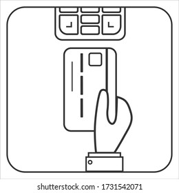 Payment for goods via POS terminal chip credit card hand of a man, icon.