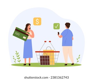 Payment at grocery store, retail shop or supermarket vector illustration. Cartoon tiny people holding big credit card and shopping basket, consumer characters buy and pay for purchases or orders