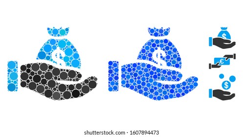 Payment hand mosaic of round dots in various sizes and color tones, based on payment hand icon. Vector dots are combined into blue illustration. Dotted payment hand icon in usual and blue versions.