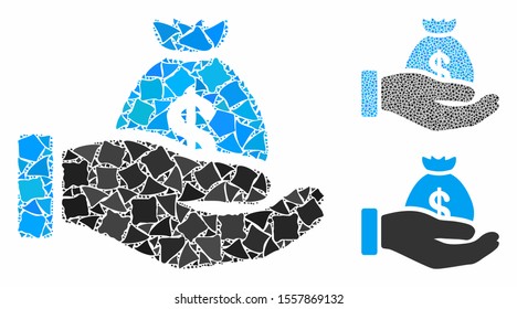 Payment hand mosaic of trembly items in variable sizes and shades, based on payment hand icon. Vector trembly items are united into collage. Payment hand icons collage with dotted pattern.