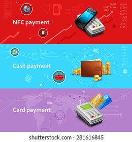 Payment horizontal banners set with realistic cash and card elements isolated vector illustration