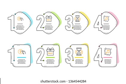 Payment, Hourglass and Sale offer icons simple set. Musical note sign. Usd coin, Sand watch, Gift box. Speech bubble. Business set. Infographic timeline. Line payment icon. 4 options or steps. Vector