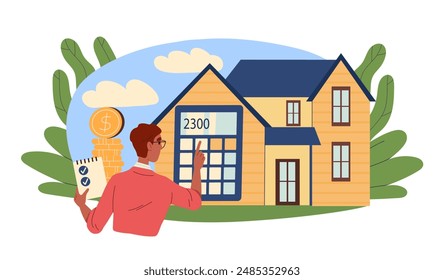 Payment for house. Man stands near real estate, calculator and gold coin. Financial literacy and passive income. Trader and investor. Flat vector illustration isolated on white background