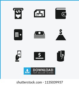 Payment icon. collection of 9 payment filled icons such as dollar, money, dollar card, check, atm, wallet, credit card in hand. editable payment icons for web and mobile.